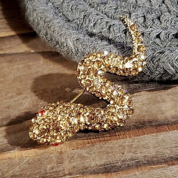 Fashion Jewelry Jewelry - Vintage Austrian Crystal Champagne Bronze Snake Lapel Coat Sweater Pin Brooch